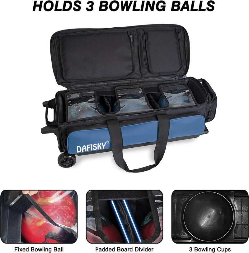 DAFISKY 3 ball bowling bags with wheels, bowling ball bag 3 ball roller with Multiple Pockets Retractable Handle - Image 4
